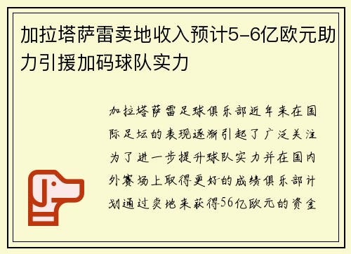 加拉塔萨雷卖地收入预计5-6亿欧元助力引援加码球队实力