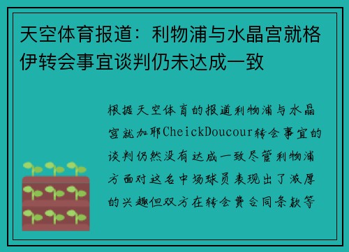 天空体育报道：利物浦与水晶宫就格伊转会事宜谈判仍未达成一致