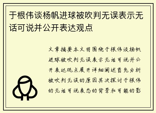 于根伟谈杨帆进球被吹判无误表示无话可说并公开表达观点
